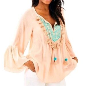 Lilly Pulitzer Gauzy Peach Shandy Resort Tassel Top XL Boho Beach Travel Festiva